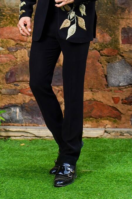 Courtyard By Abhi_Black Lycra, Polyester, Silk Cut Work, Sequins, Beads Embroidered Tuxedo Set _Online_at_Aza_Fashions