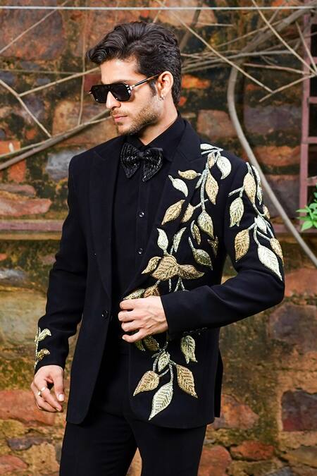 Buy_Courtyard By Abhi_Black Lycra, Polyester, Silk Cut Work, Sequins, Beads Embroidered Tuxedo Set _Online_at_Aza_Fashions