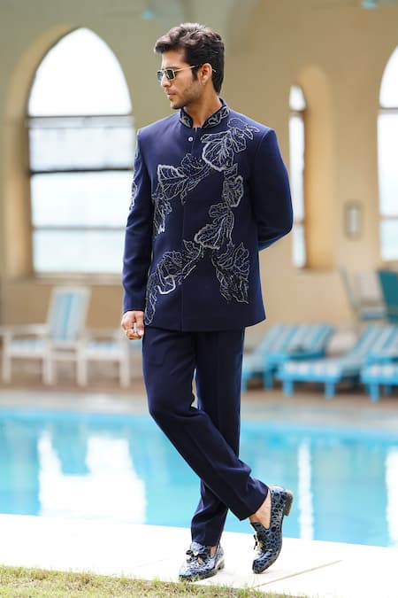 Shop Courtyard By Abhi Blue Lycra Cut Work, Embroidery Petal Bloom Bandhgala With Trouser at Aza Fashions Shop_Courtyard By Abhi_Blue Lycra Cut Work, Embroidery Petal Bloom Bandhgala With Trouser _at_Aza_Fashions