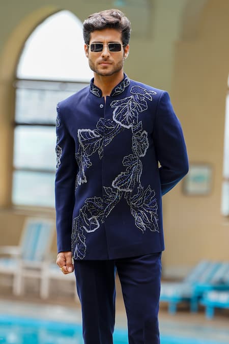 Courtyard By Abhi Blue Lycra Cut Work, Embroidery Petal Bloom Bandhgala With Trouser Online at Aza Fashions Courtyard By Abhi_Blue Lycra Cut Work, Embroidery Petal Bloom Bandhgala With Trouser _Online_at_Aza_Fashions