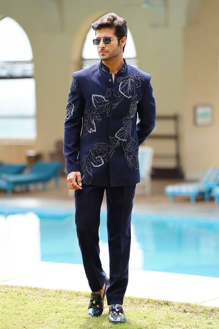 Shop Courtyard By Abhi Blue Lycra Cut Work, Embroidery Petal Bloom Bandhgala With Trouser Online at Aza Fashions Shop_Courtyard By Abhi_Blue Lycra Cut Work, Embroidery Petal Bloom Bandhgala With Trouser _Online_at_Aza_Fashions