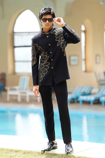 Shop Courtyard By Abhi Black Lycra Cut Work, Beads Phoenix Wing Embroidered Bandhgala With Trouser at Aza Fashions Shop_Courtyard By Abhi_Black Lycra Cut Work, Beads Phoenix Wing Embroidered Bandhgala With Trouser _at_Aza_Fashions