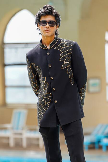 Courtyard By Abhi Black Lycra Cut Work, Beads Phoenix Wing Embroidered Bandhgala With Trouser Online at Aza Fashions Courtyard By Abhi_Black Lycra Cut Work, Beads Phoenix Wing Embroidered Bandhgala With Trouser _Online_at_Aza_Fashions