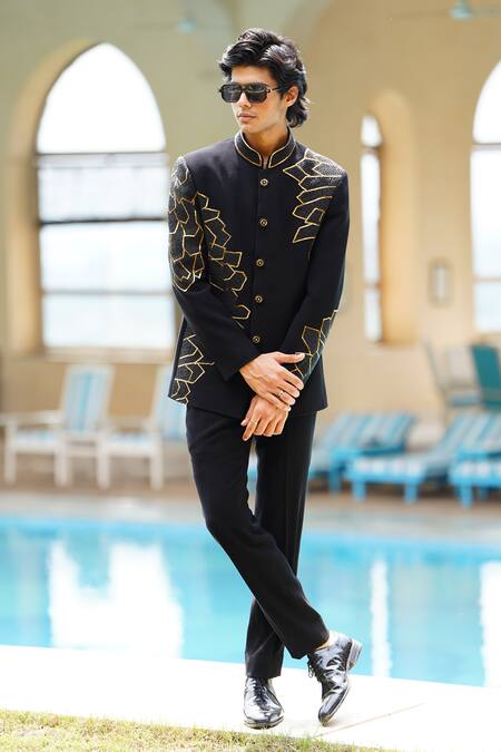 Buy Courtyard By Abhi Black Lycra Cut Work, Beads Phoenix Wing Embroidered Bandhgala With Trouser Online at Aza Fashions Buy_Courtyard By Abhi_Black Lycra Cut Work, Beads Phoenix Wing Embroidered Bandhgala With Trouser _Online_at_Aza_Fashions