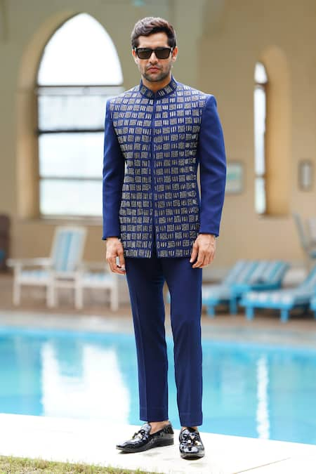 Courtyard by abhi Blue Imported Lycra Suiting Embroidery Bead Quad Bandhgala With Trouser 