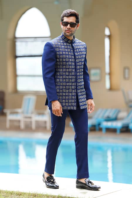 Shop Courtyard By Abhi Blue Lycra Beads, Cut Work Quad Embroidered Bandhgala With Trouser at Aza Fashions Shop_Courtyard By Abhi_Blue Lycra Beads, Cut Work Quad Embroidered Bandhgala With Trouser _at_Aza_Fashions