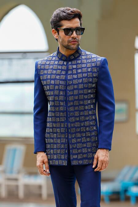 Buy Courtyard By Abhi Blue Lycra Beads, Cut Work Quad Embroidered Bandhgala With Trouser Online at Aza Fashions Buy_Courtyard By Abhi_Blue Lycra Beads, Cut Work Quad Embroidered Bandhgala With Trouser _Online_at_Aza_Fashions