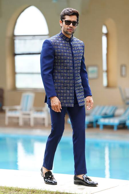 Shop Courtyard By Abhi Blue Lycra Beads, Cut Work Quad Embroidered Bandhgala With Trouser Online at Aza Fashions Shop_Courtyard By Abhi_Blue Lycra Beads, Cut Work Quad Embroidered Bandhgala With Trouser _Online_at_Aza_Fashions