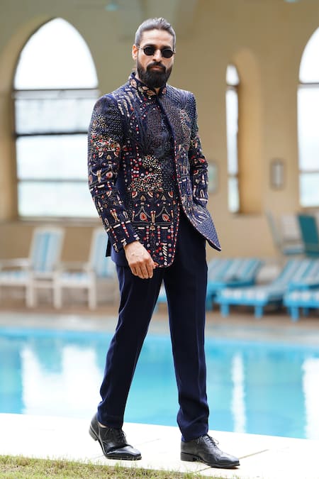 Shop Courtyard By Abhi Blue Lycra Cut Work, Embroidery Ambrosia Bandhgala With Trouser at Aza Fashions Shop_Courtyard By Abhi_Blue Lycra Cut Work, Embroidery Ambrosia Bandhgala With Trouser _at_Aza_Fashions