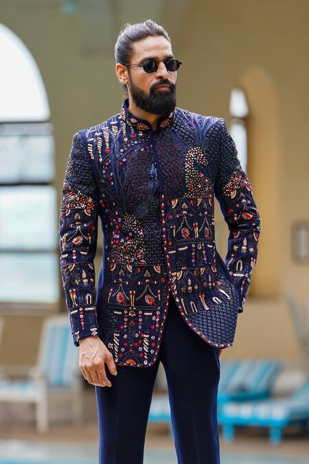 Buy Courtyard By Abhi Blue Lycra Cut Work, Embroidery Ambrosia Bandhgala With Trouser Online at Aza Fashions Buy_Courtyard By Abhi_Blue Lycra Cut Work, Embroidery Ambrosia Bandhgala With Trouser _Online_at_Aza_Fashions