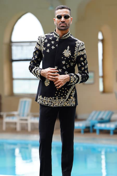 Courtyard By Abhi Black Lycra Cut Work, Zari Cosmic Bloom Embroidered Bandhgala With Trouser Online at Aza Fashions Courtyard By Abhi_Black Lycra Cut Work, Zari Cosmic Bloom Embroidered Bandhgala With Trouser _Online_at_Aza_Fashions