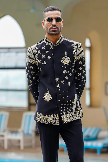 Shop Courtyard By Abhi Black Lycra Cut Work, Zari Cosmic Bloom Embroidered Bandhgala With Trouser Online at Aza Fashions Shop_Courtyard By Abhi_Black Lycra Cut Work, Zari Cosmic Bloom Embroidered Bandhgala With Trouser _Online_at_Aza_Fashions