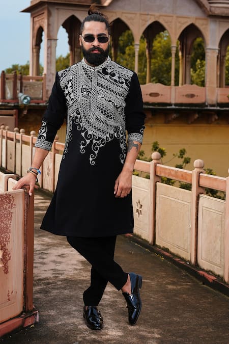 Courtyard by abhi Black Japanese Lycra Embroidery Zari Blossom Kurta With Trouser 