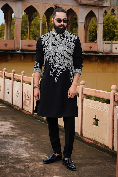 Shop Courtyard By Abhi Black Lycra Zari Blossom Embroidered Kurta With Trouser at Aza Fashions Shop_Courtyard By Abhi_Black Lycra Zari Blossom Embroidered Kurta With Trouser _at_Aza_Fashions