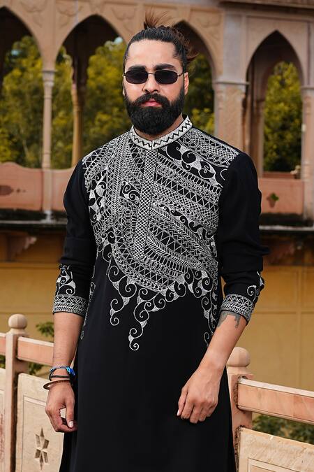 Buy Courtyard By Abhi Black Lycra Zari Blossom Embroidered Kurta With Trouser Online at Aza Fashions Buy_Courtyard By Abhi_Black Lycra Zari Blossom Embroidered Kurta With Trouser _Online_at_Aza_Fashions