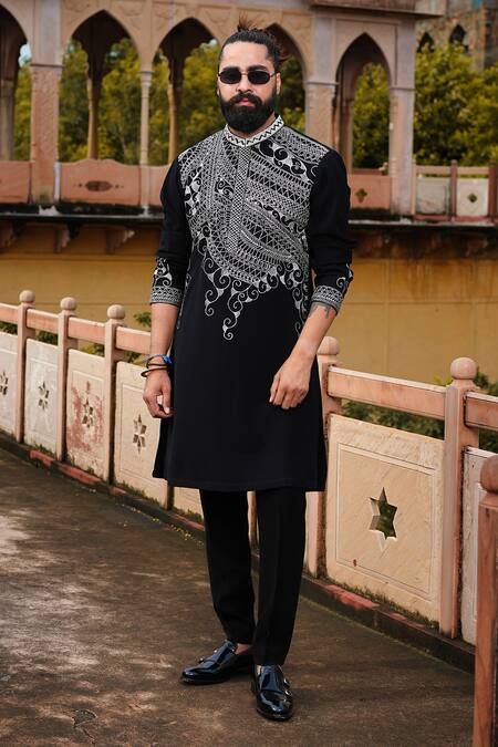 Shop Courtyard By Abhi Black Lycra Zari Blossom Embroidered Kurta With Trouser Online at Aza Fashions Shop_Courtyard By Abhi_Black Lycra Zari Blossom Embroidered Kurta With Trouser _Online_at_Aza_Fashions