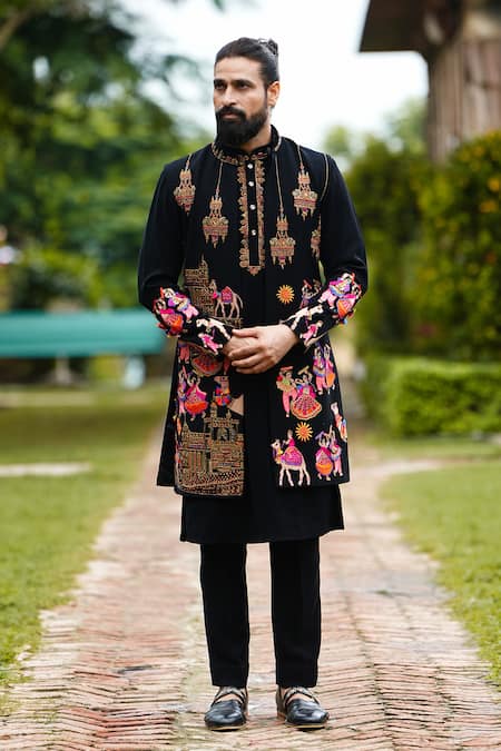 Courtyard by abhi Black Japanese Lycra Embroidery Rajasthan Folkore Long Bundi And Kurta Set 