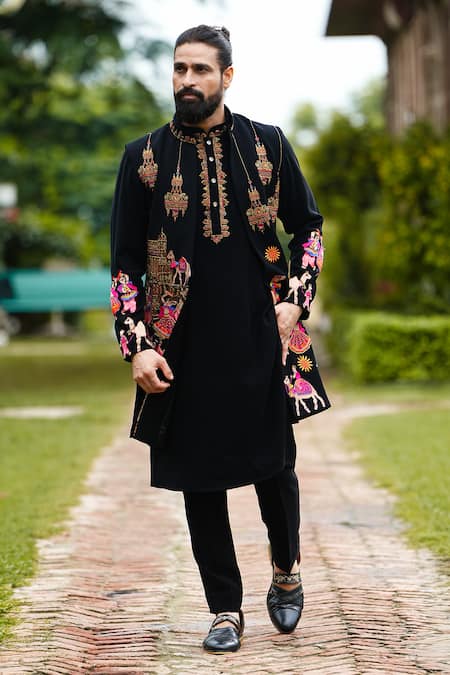 Shop Courtyard By Abhi Black Lycra Cut Work, Sequins, Diamonds, Rajasthan Folkore Long Bundi Set at Aza Fashions Shop_Courtyard By Abhi_Black Lycra Cut Work, Sequins, Diamonds, Rajasthan Folkore Long Bundi Set _at_Aza_Fashions