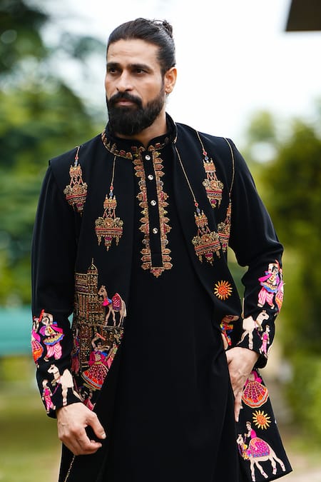 Buy Courtyard By Abhi Black Lycra Cut Work, Sequins, Diamonds, Rajasthan Folkore Long Bundi Set Online at Aza Fashions Buy_Courtyard By Abhi_Black Lycra Cut Work, Sequins, Diamonds, Rajasthan Folkore Long Bundi Set _Online_at_Aza_Fashions