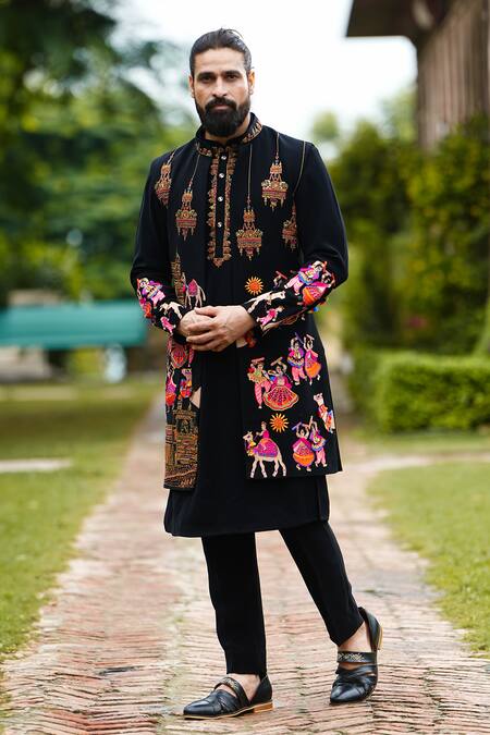 Courtyard By Abhi Black Lycra Cut Work, Sequins, Diamonds, Rajasthan Folkore Long Bundi Set at Aza Fashions Courtyard By Abhi_Black Lycra Cut Work, Sequins, Diamonds, Rajasthan Folkore Long Bundi Set _at_Aza_Fashions