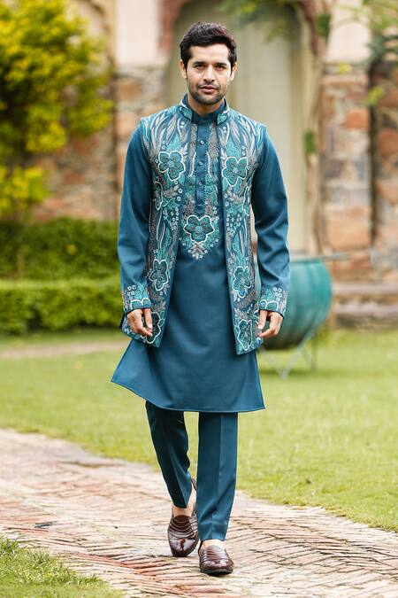 Courtyard By Abhi Green Lycra Cut Work, Embroidery, Zari, Diamonds Iris Bloom Long Bundi Set Online at Aza Fashions Courtyard By Abhi_Green Lycra Cut Work, Embroidery, Zari, Diamonds Iris Bloom Long Bundi Set _Online_at_Aza_Fashions
