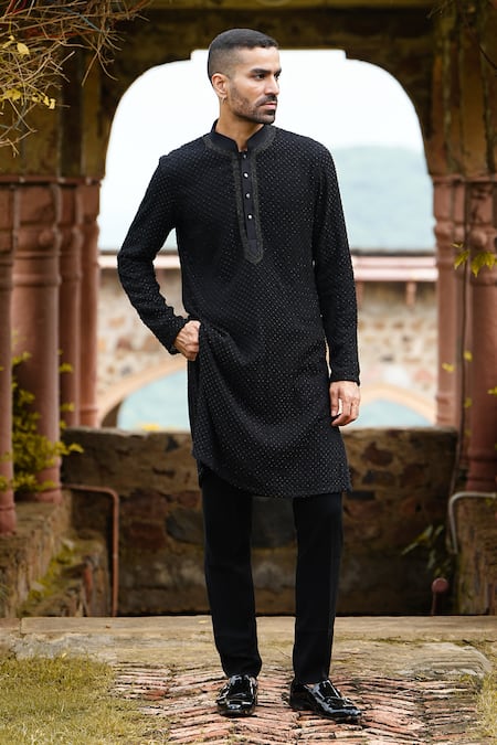 Shop Courtyard By Abhi Black Georgette, Lycra Embroidery Bead Jaal Kurta With Trouser at Aza Fashions Shop_Courtyard By Abhi_Black Georgette, Lycra Embroidery Bead Jaal Kurta With Trouser _at_Aza_Fashions