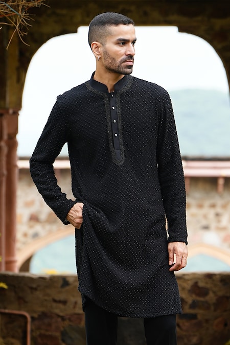 Buy Courtyard By Abhi Black Georgette, Lycra Embroidery Bead Jaal Kurta With Trouser Online at Aza Fashions Buy_Courtyard By Abhi_Black Georgette, Lycra Embroidery Bead Jaal Kurta With Trouser _Online_at_Aza_Fashions