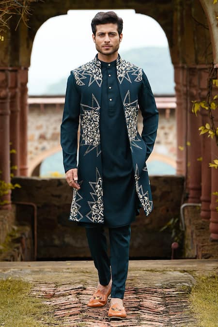 Courtyard by abhi Green Imported Lycra Suiting Embroidery Stellar Bloom Long Bundi And Kurta Set 