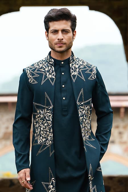 Buy_Courtyard By Abhi_Green Lycra Embroidery Teal Stellar Bloom Set _Online_at_Aza_Fashions