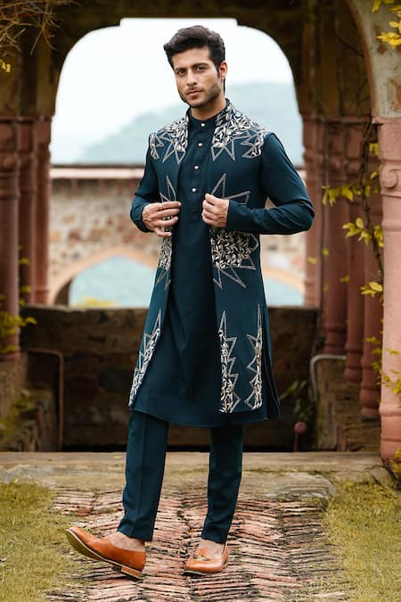 Courtyard By Abhi_Green Lycra Embroidery Teal Stellar Bloom Set _at_Aza_Fashions