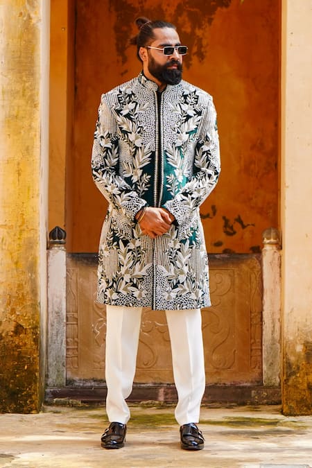 Courtyard by abhi Green Velvet Embroidery Resham Gul Sherwani With Trouser 