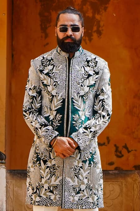 Courtyard By Abhi_Green Velvet, Lycra Cut Work, Pearls, Gul Embroidered Sherwani With Trouser _Online_at_Aza_Fashions