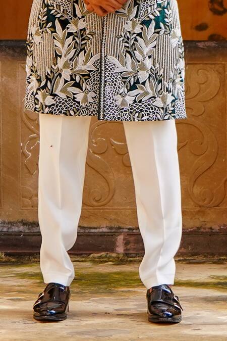 Buy_Courtyard By Abhi_Green Velvet, Lycra Cut Work, Pearls, Gul Embroidered Sherwani With Trouser _Online_at_Aza_Fashions