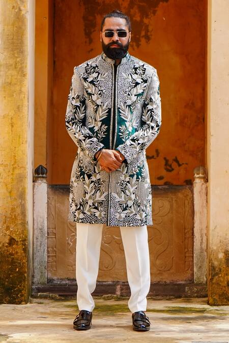 Shop_Courtyard By Abhi_Green Velvet, Lycra Cut Work, Pearls, Gul Embroidered Sherwani With Trouser _Online_at_Aza_Fashions