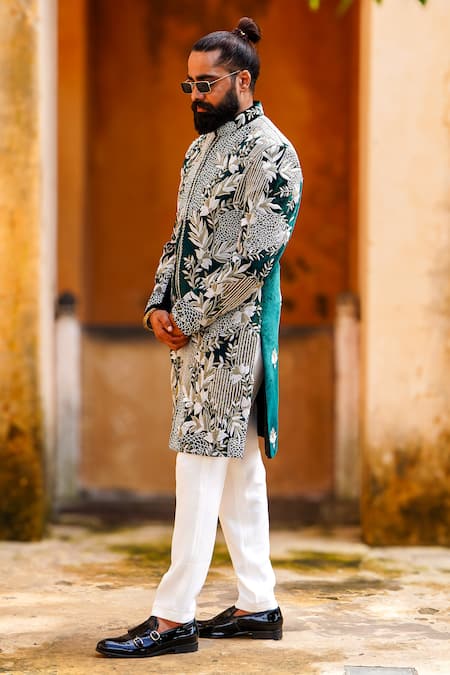 Courtyard By Abhi_Green Velvet, Lycra Cut Work, Pearls, Gul Embroidered Sherwani With Trouser _at_Aza_Fashions