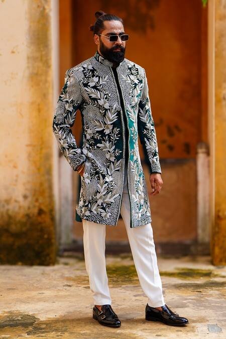 Buy_Courtyard By Abhi_Green Velvet, Lycra Cut Work, Pearls, Gul Embroidered Sherwani With Trouser 
