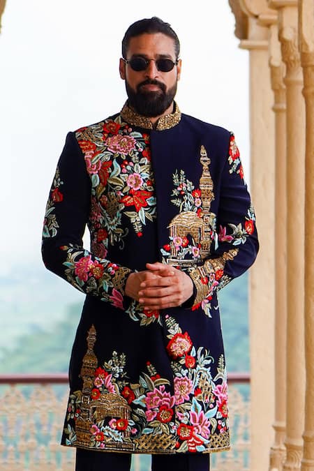 Courtyard By Abhi_Blue Lycra Embroidery Persian Bloom Sherwani With Trouser _Online_at_Aza_Fashions