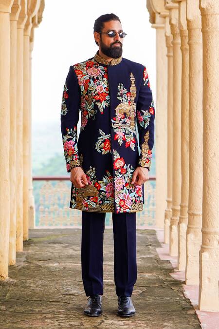 Shop_Courtyard By Abhi_Blue Lycra Embroidery Persian Bloom Sherwani With Trouser _Online_at_Aza_Fashions
