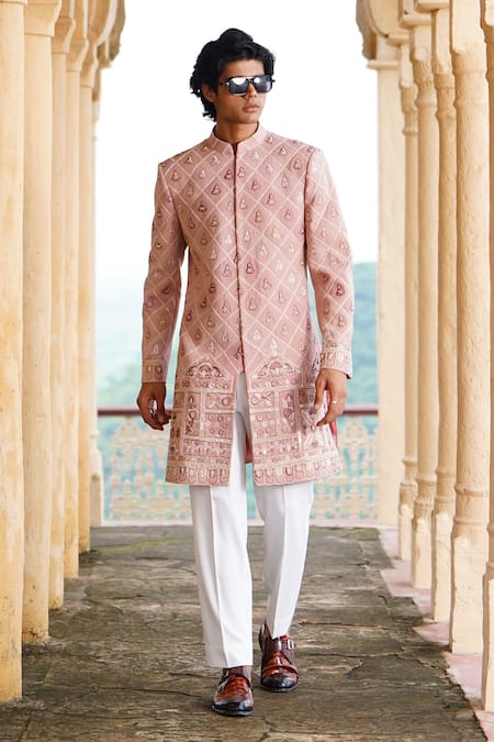 Courtyard by abhi Peach Japanese Lycra Embroidery Resham Phool Mahal Sherwani With Trouser 