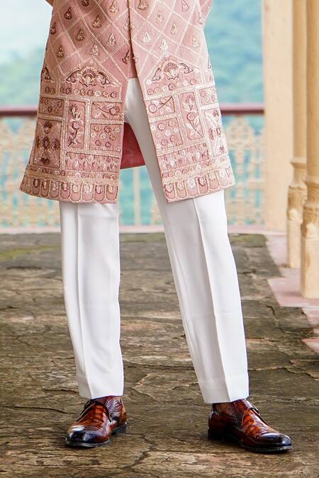 Courtyard By Abhi_Peach Lycra Pearls, Sequins Phool Mahal Embroidered Sherwani With Trouser _Online_at_Aza_Fashions