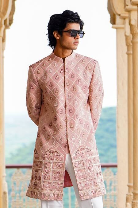 Buy_Courtyard By Abhi_Peach Lycra Pearls, Sequins Phool Mahal Embroidered Sherwani With Trouser _Online_at_Aza_Fashions