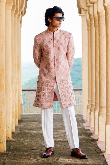 Shop_Courtyard By Abhi_Peach Lycra Pearls, Sequins Phool Mahal Embroidered Sherwani With Trouser _Online_at_Aza_Fashions