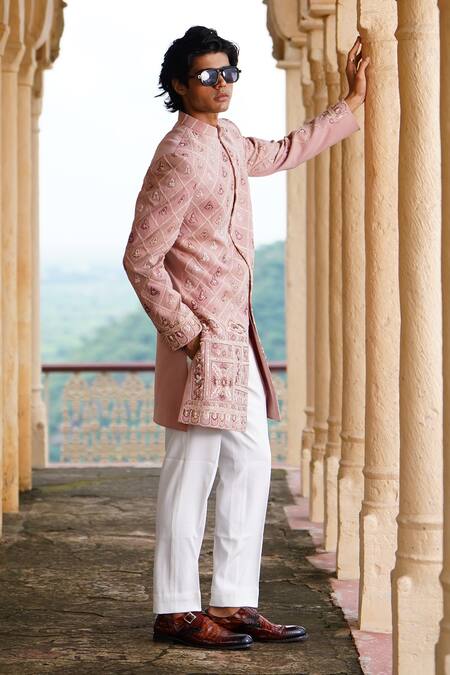Courtyard By Abhi_Peach Lycra Pearls, Sequins Phool Mahal Embroidered Sherwani With Trouser _at_Aza_Fashions