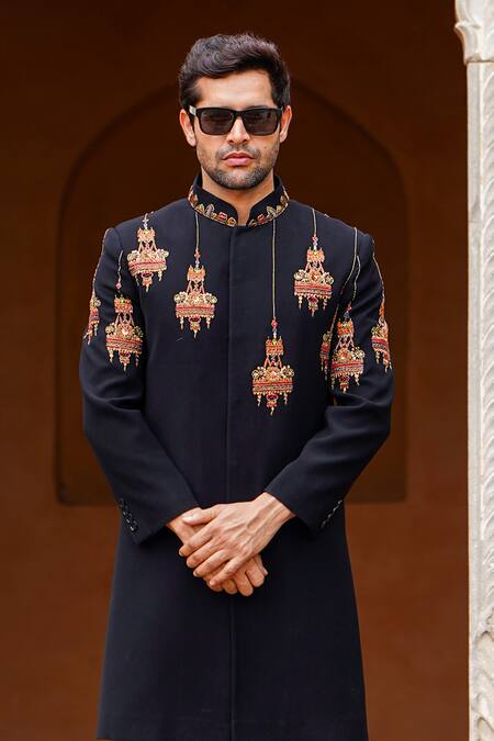 Buy_Courtyard By Abhi_Black Lycra Sequins, Pearls Lantern Mahal Embroidered Sherwani With Trouser _Online_at_Aza_Fashions