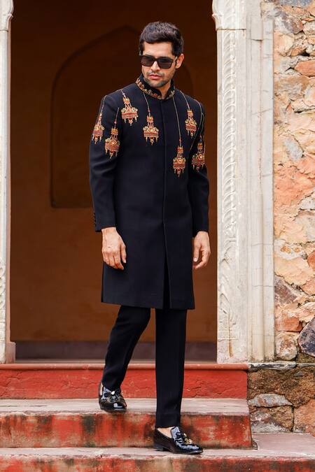 Courtyard By Abhi_Black Lycra Sequins, Pearls Lantern Mahal Embroidered Sherwani With Trouser _at_Aza_Fashions