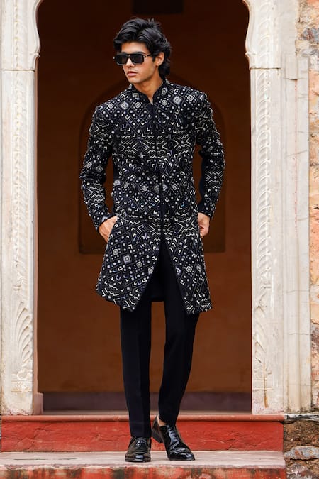 Courtyard by abhi Black Japanese Lycra Embroidery Sequins Mosaic Fleur Sherwani With Trouser 