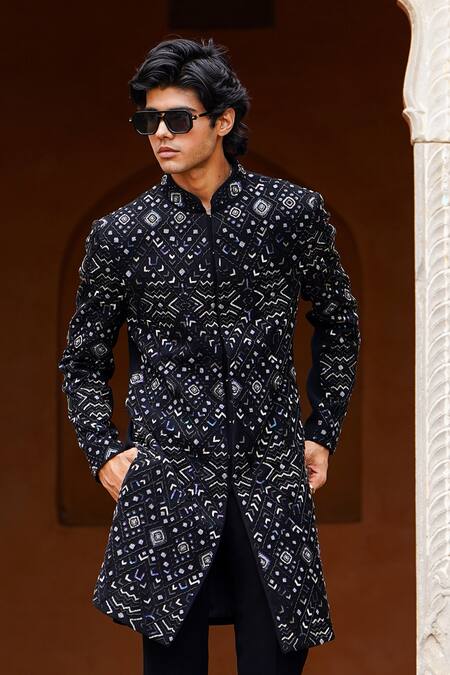Buy_Courtyard By Abhi_Black Lycra Cut Work, Sequins, Mosaic Fleur Embroidered Sherwani With Trouser _Online_at_Aza_Fashions