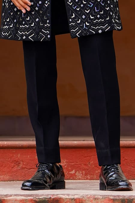 Shop_Courtyard By Abhi_Black Lycra Cut Work, Sequins, Mosaic Fleur Embroidered Sherwani With Trouser _Online_at_Aza_Fashions