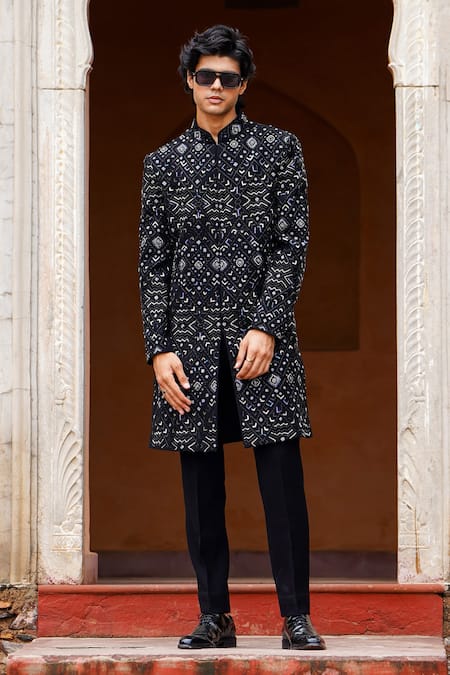 Courtyard By Abhi_Black Lycra Cut Work, Sequins, Mosaic Fleur Embroidered Sherwani With Trouser _at_Aza_Fashions