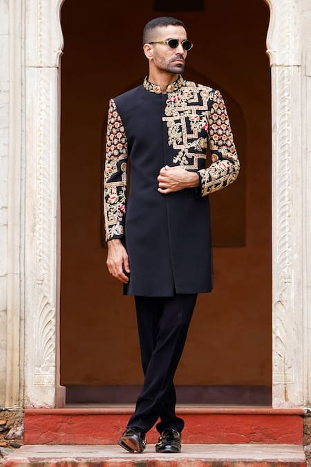 Courtyard by abhi Black Japanese Lycra Embroidery Resham Mughal Blossom Sherwani With Trouser 